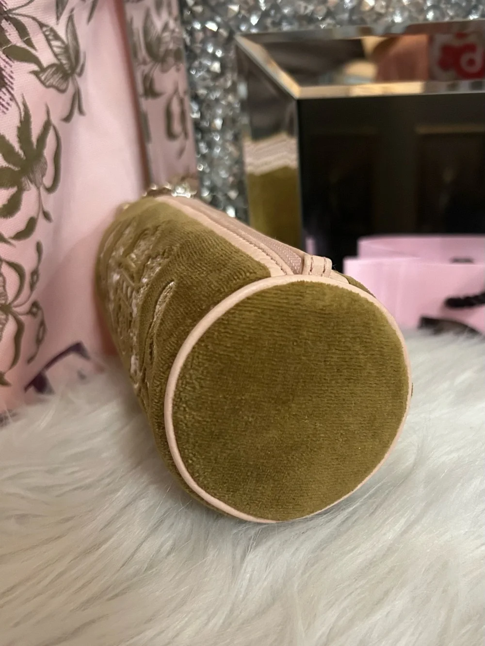 Y2K Vintage 2004 Juicy Couture Olive Green Velour Pink Leather Barrel Bag